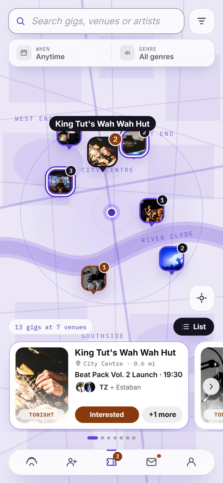 Amplify preview: the Events Map, showing 13 gigs at 7 Glasgow venues with King Tut's Wah Wah Hut selected