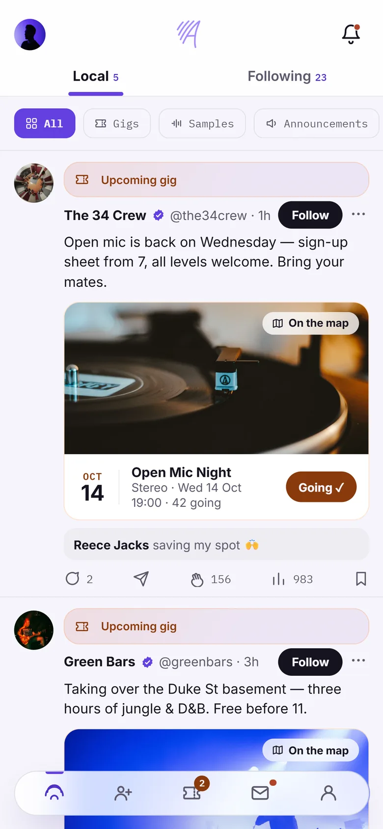 Amplify preview: the Local feed, with upcoming gig posts from The 34 Crew and Green Bars