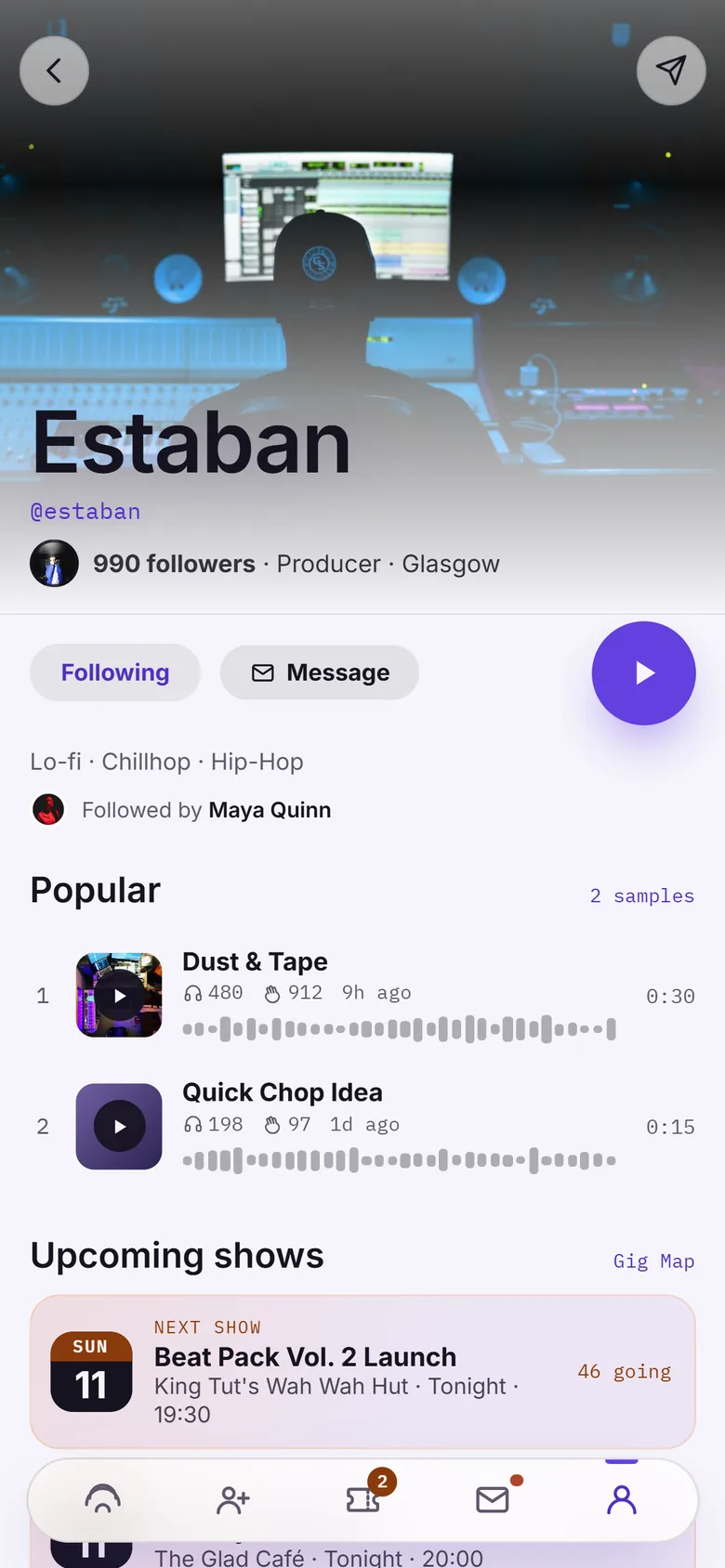 Amplify preview: Estaban's artist profile, with popular samples and upcoming shows
